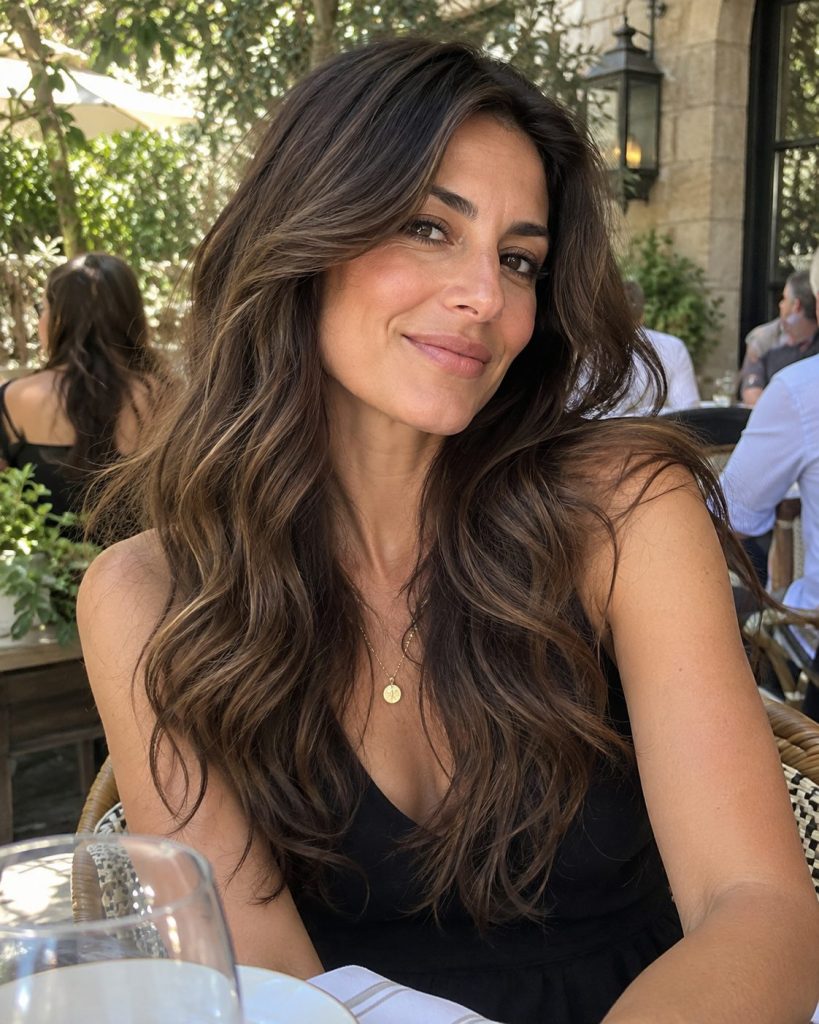 Long soft brown waves worn loose with brushed-out movement at an outdoor restaurant