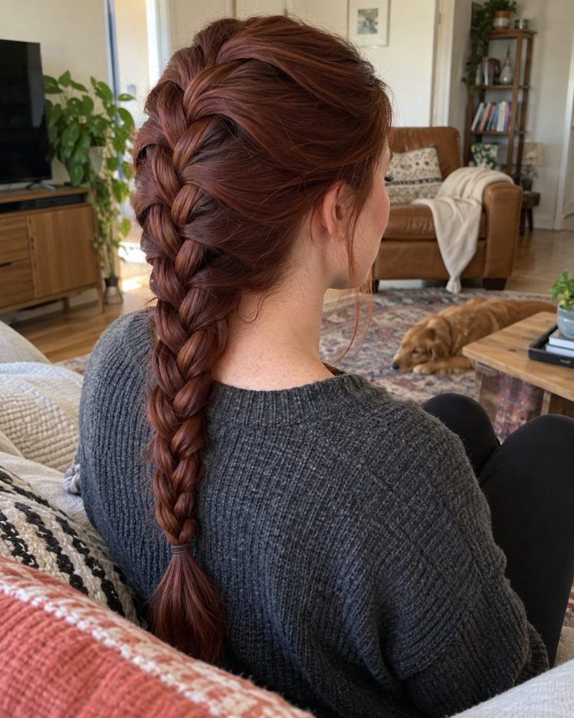 Long reddish-brown hair styled into a classic French braid photographed from behind at home