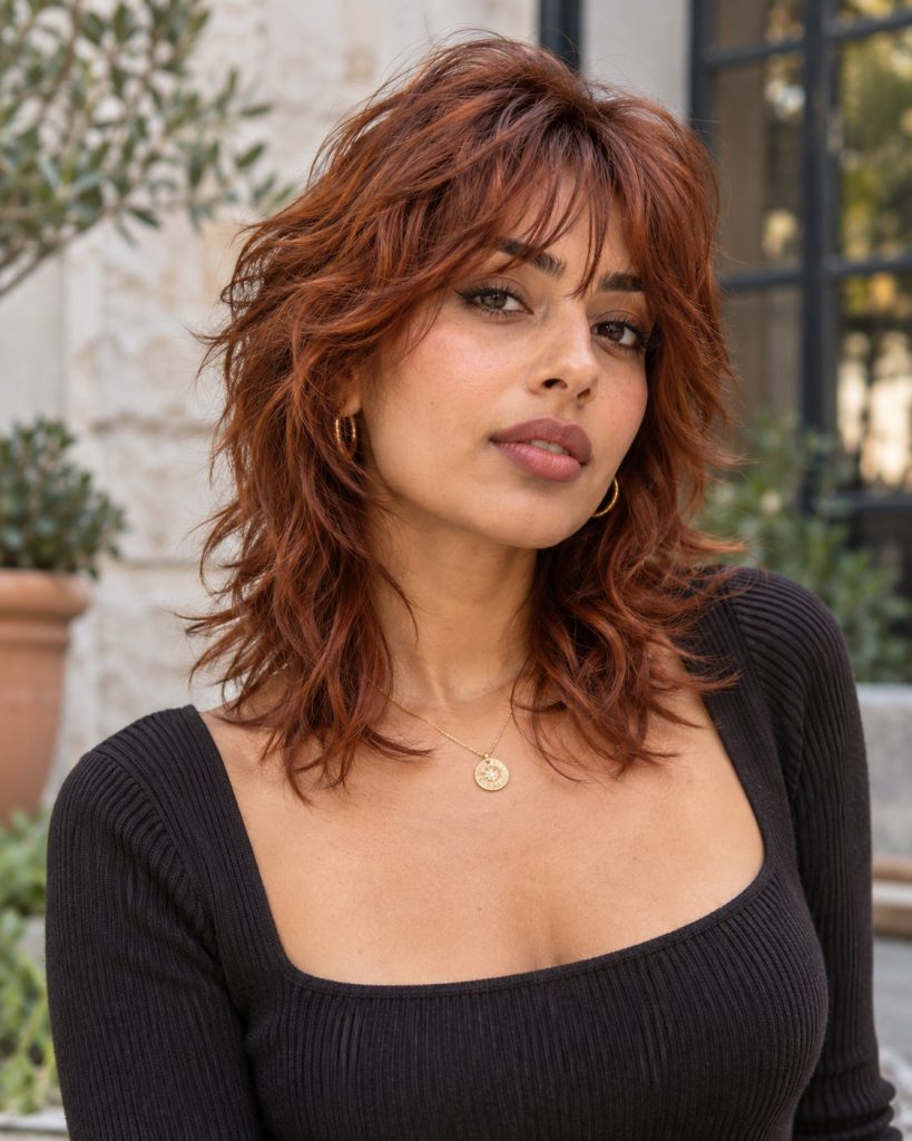 Textured copper wolf cut with feathered layers and wispy fringe outdoors