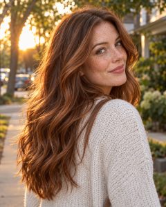 Long cowboy copper waves with warm auburn-brown dimension photographed outdoors