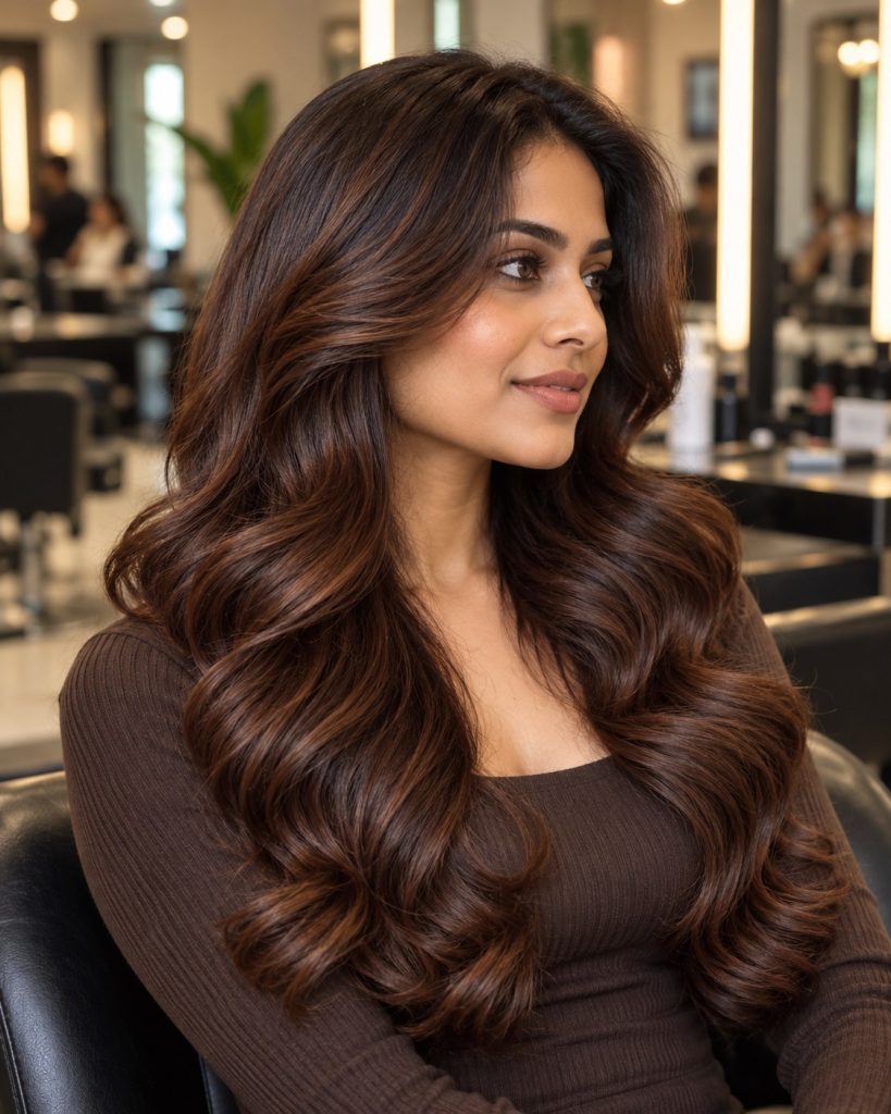 Glossy dark copper brown waves with subtle copper highlights in a hair salon