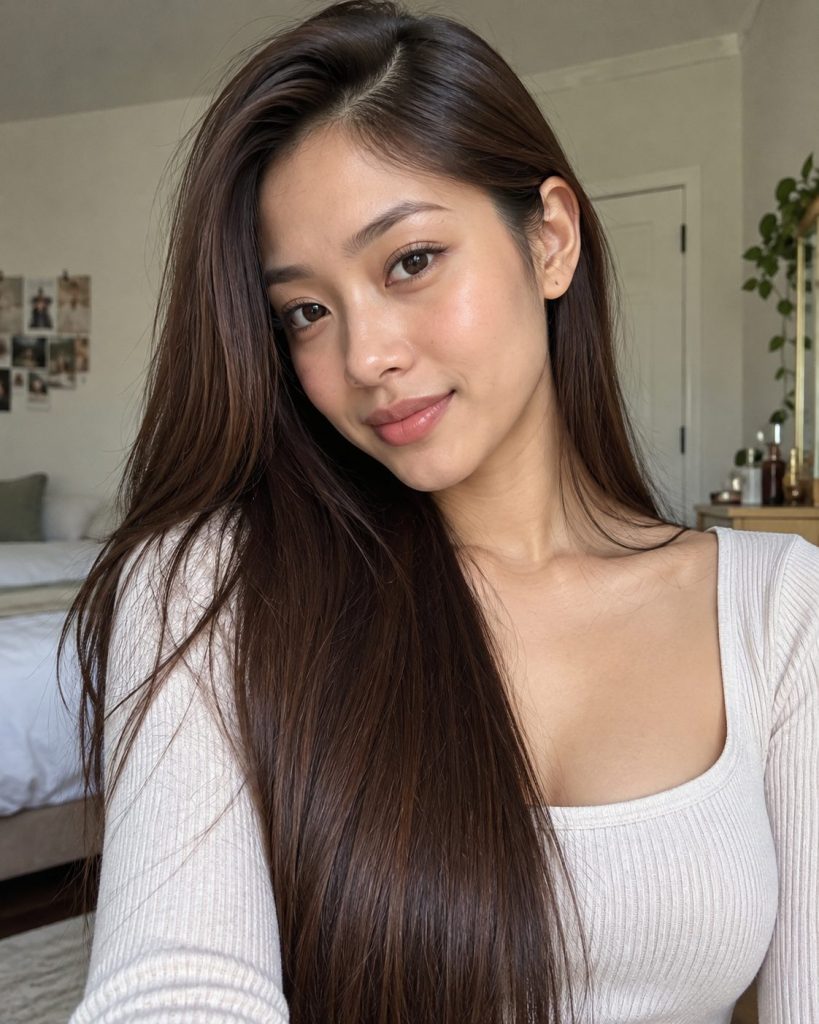 Long straight dark hair with a deep side part and tucked ear photographed at home