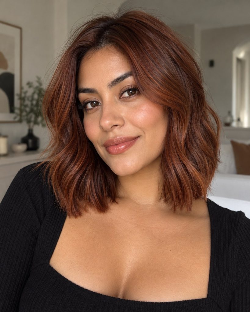 Shoulder-length glossy auburn copper lob with soft textured ends