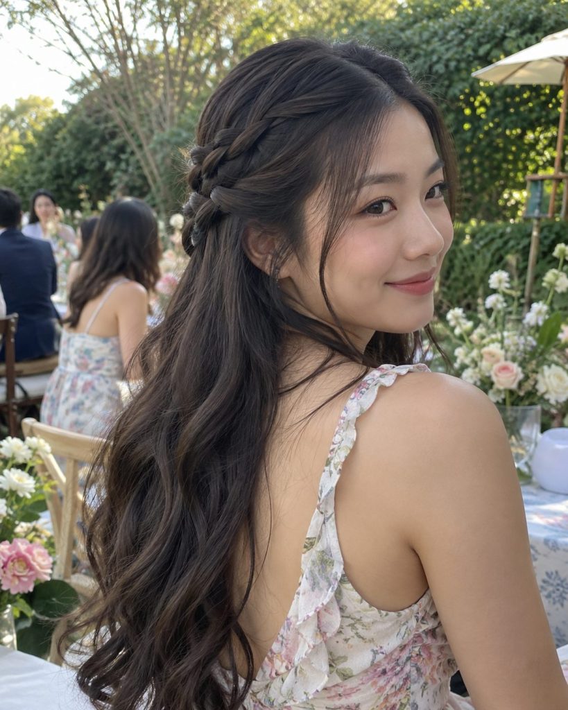 Long dark waves with two small braids forming a half crown at a garden gathering