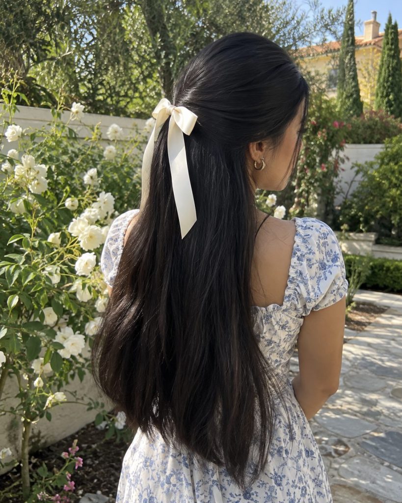 Very long straight black hair tied half-up with a cream ribbon in a garden