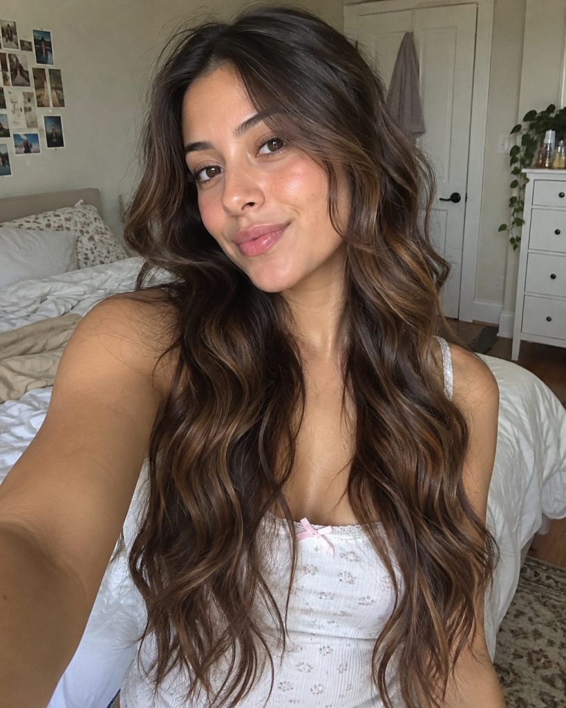 Long soft brunette waves with natural volume in a casual bedroom selfie