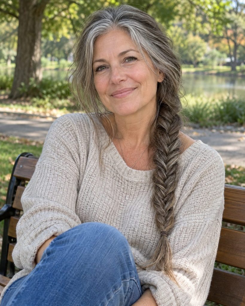 Long silver and ash-brown hair styled in a loose fishtail braid in the park