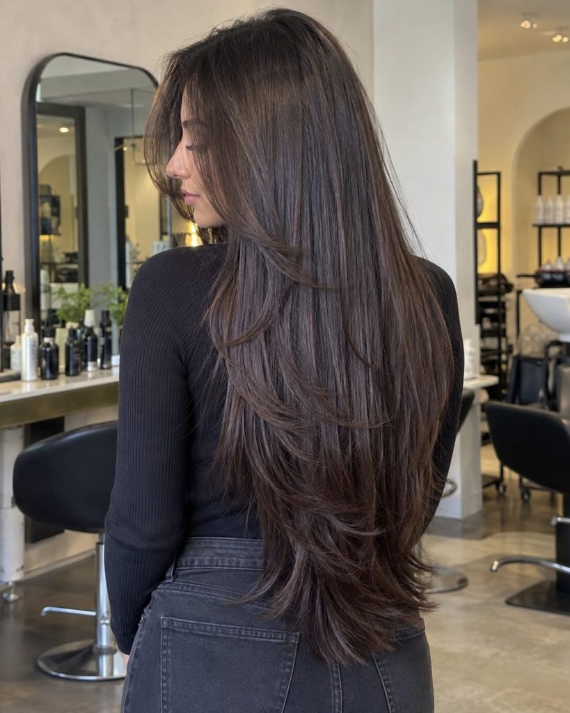 Long straight chestnut-brown hair with graduated layers shown in a hair salon