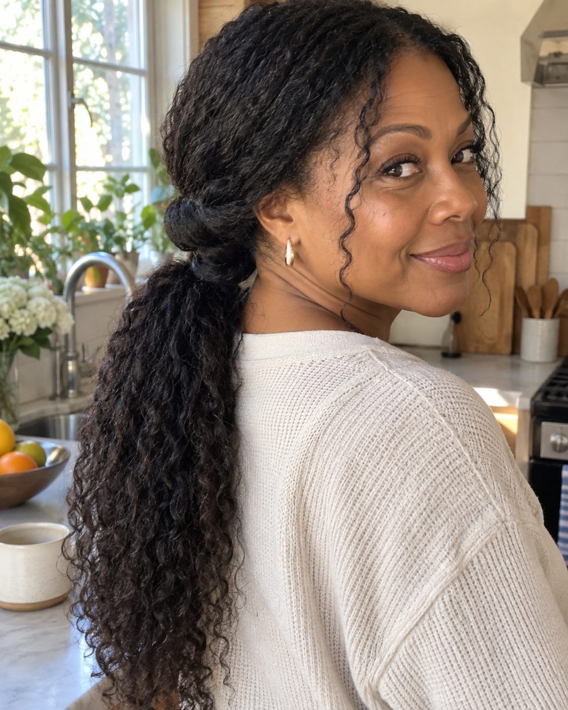 Long natural textured hair styled in a loose loop-through low ponytail in a bright home kitchen