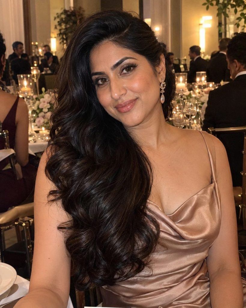 Glossy long dark waves swept over one shoulder at a candlelit formal event