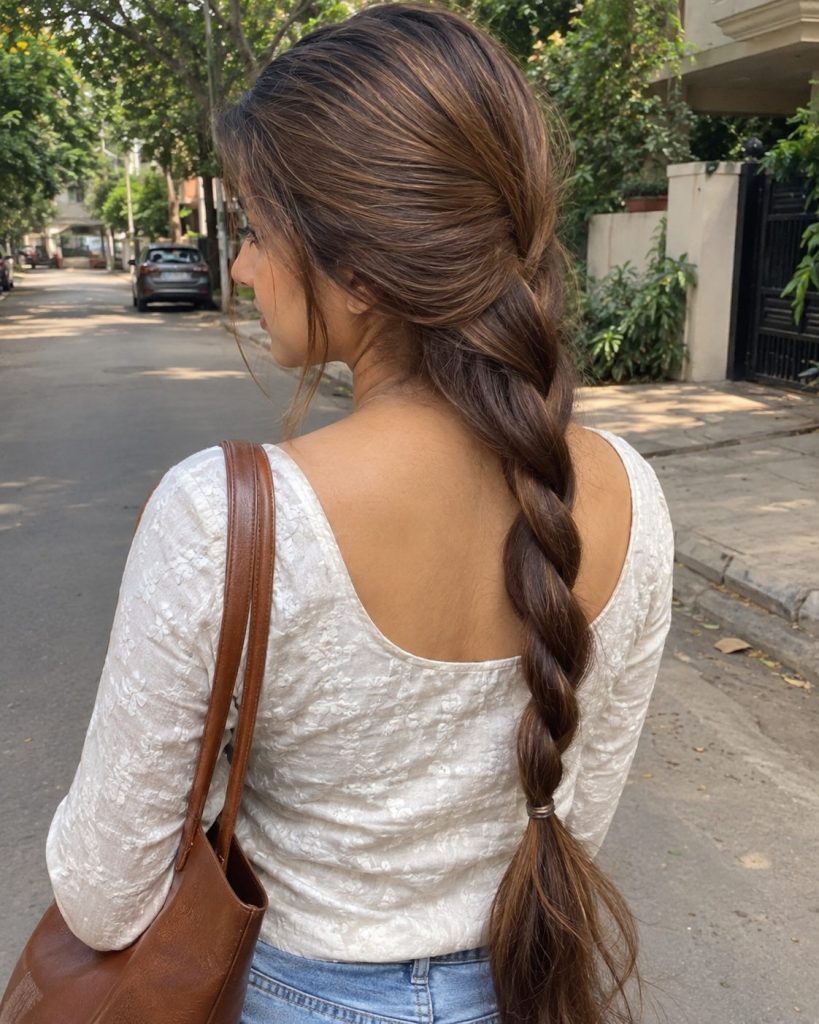 Long chestnut-brown hair twisted into a simple rope braid on a shaded residential street
