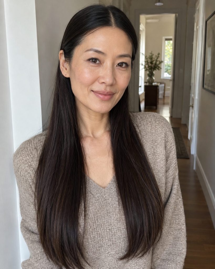 Long sleek straight dark hair with a neat centre part photographed indoors in daylight