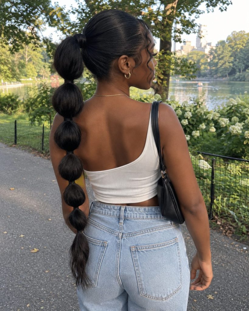 Extra-long dark hair gathered into a defined bubble ponytail photographed from behind in a leafy park