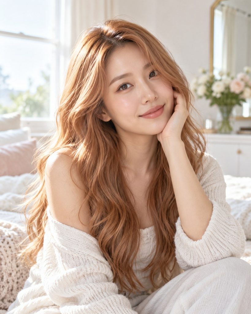 Soft copper blonde waves in a bright home with natural window light