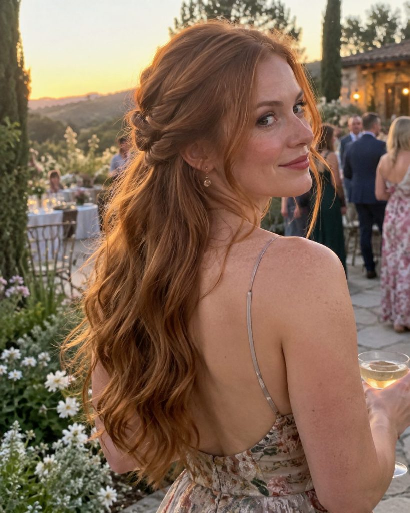 Long ginger-red waves with a soft twisted half-up style at a sunset garden celebration