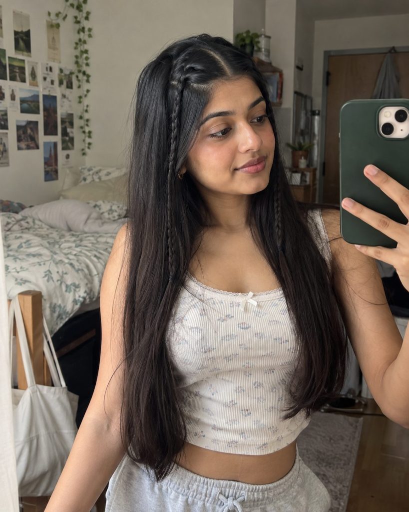 Long dark straight hair with two small face-framing braids in a casual bedroom mirror selfie
